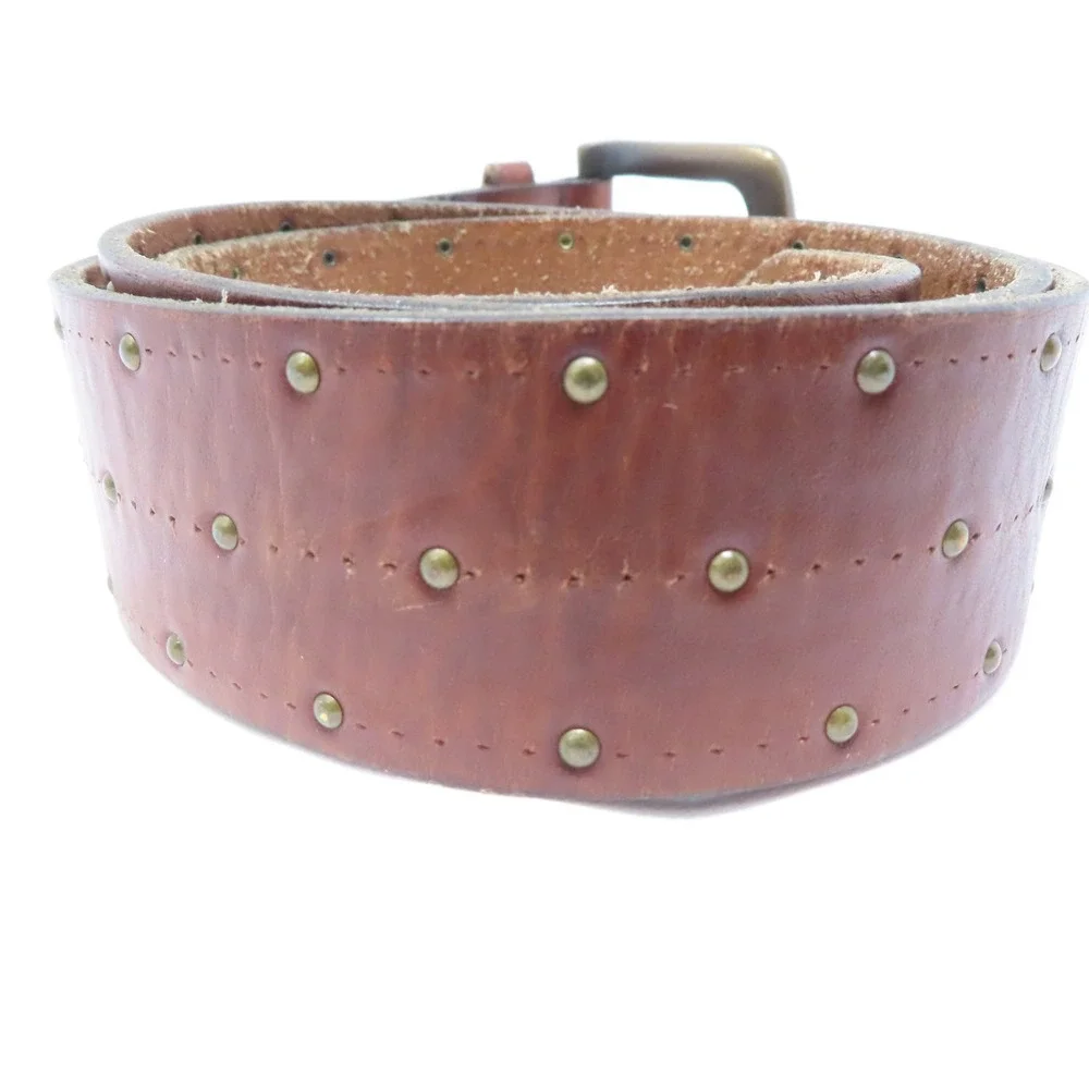 AE Leather Studded Belt Mens Brown Wide Y2K Western Distressed Medium